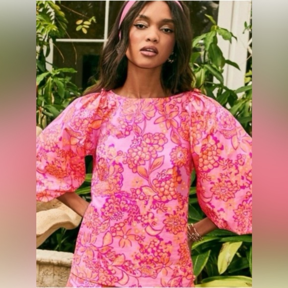 Lilly Pulitzer Tops - NWT Lilly Pulitzer Pink and Orange Floral Barbara Puff 3/4 Sleeve Blouse size L